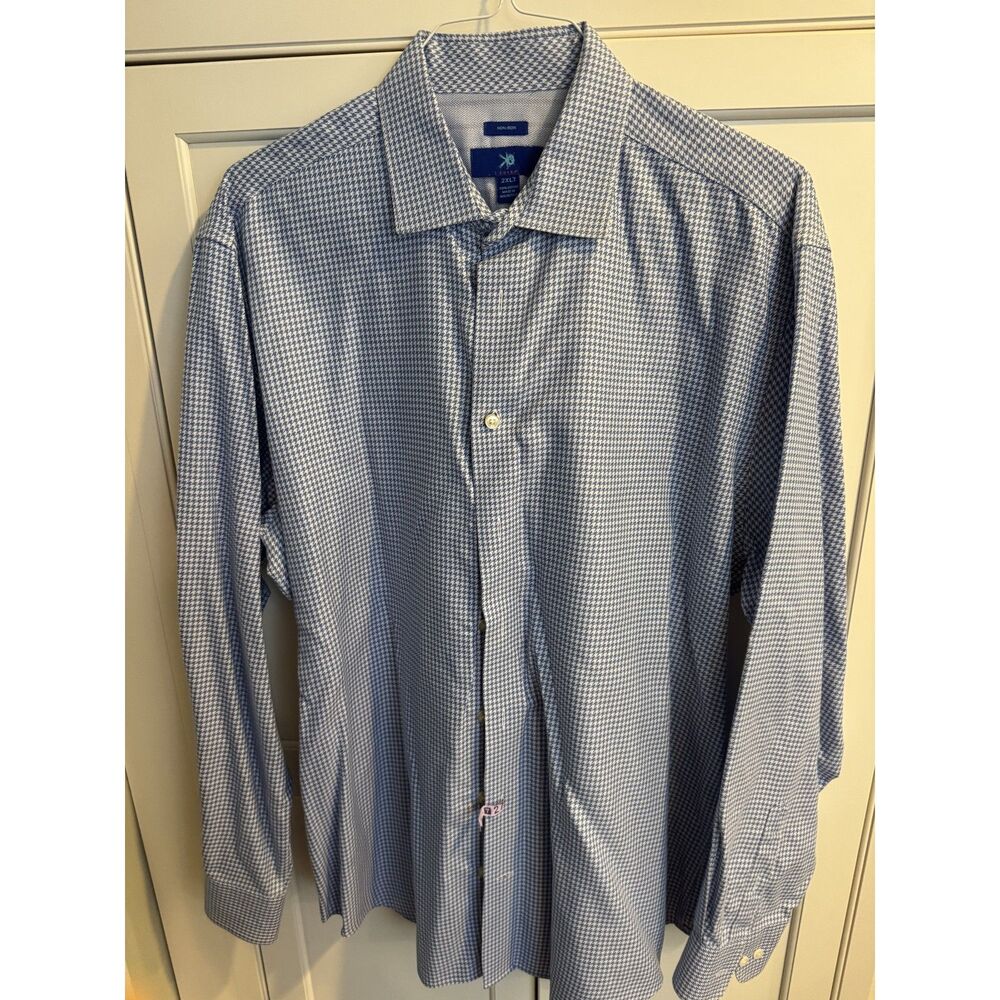 Egara Dress Shirt Men's 2XLT Blue White Houndstooth Check 100% Cotton
